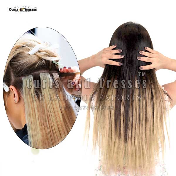 Tape in hair extensions, permanent type, Blonde shades - Curls and Tresses  - De la India Exports