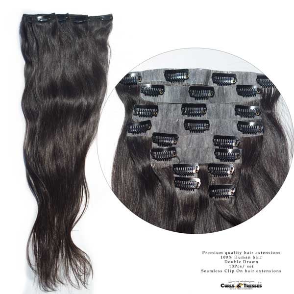 Natural hair/natural color, Seamless 10 pcs / set, Clip on hair extensions  - Curls and Tresses - De la India Exports