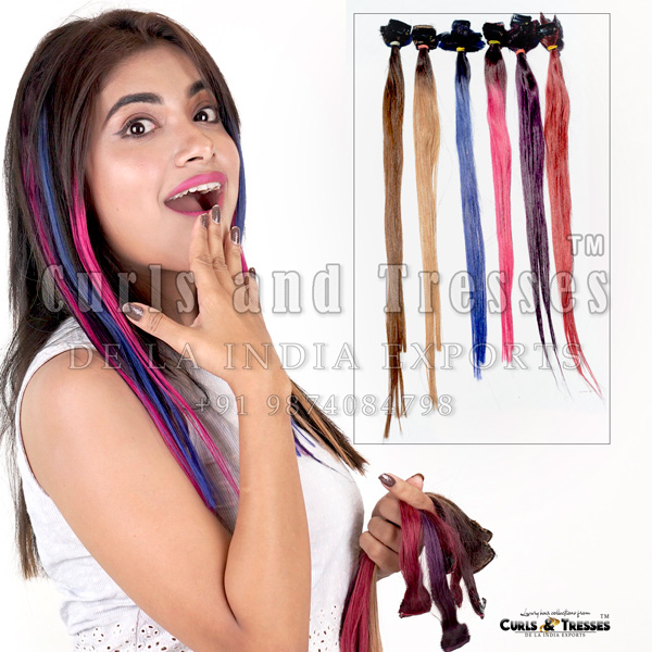 clip streak, colored human hair extensions, funky colored hair extensions, party wear hair extensions